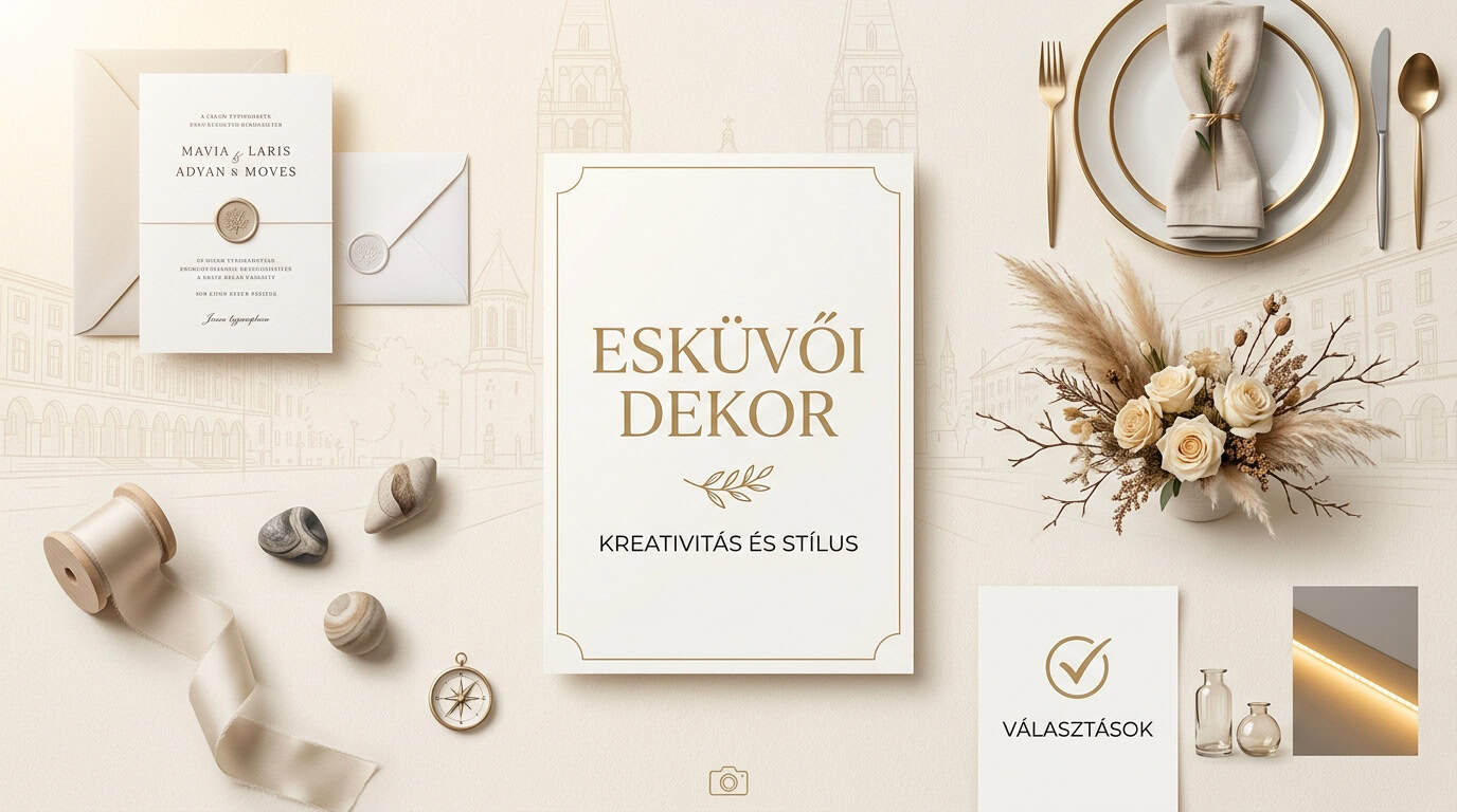 Esküvői dekorációs részletek, virágok és elegáns kiegészítők a menyasszonyi esküvői képeken.
